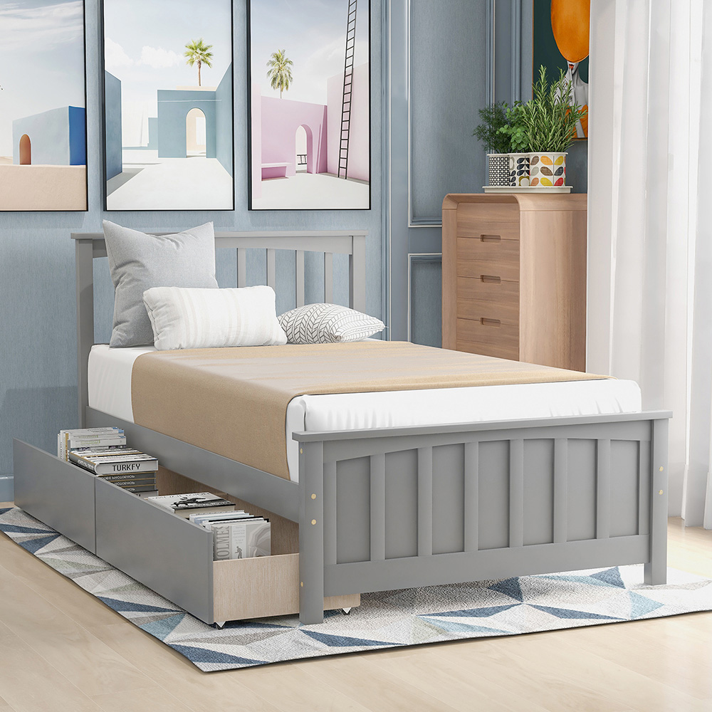 Twin-Size Platform Bed Frame with 2 Storage Drawers, Headboard and Wooden Slats Support, No Box Spring Needed (Only Frame) - Gray