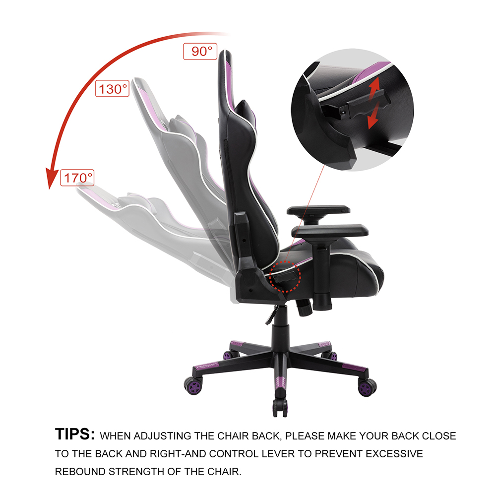 Home Office PU Leather Rotatable Gaming Chair Height Adjustable with Ergonomic High Backrest and Casters - Purple