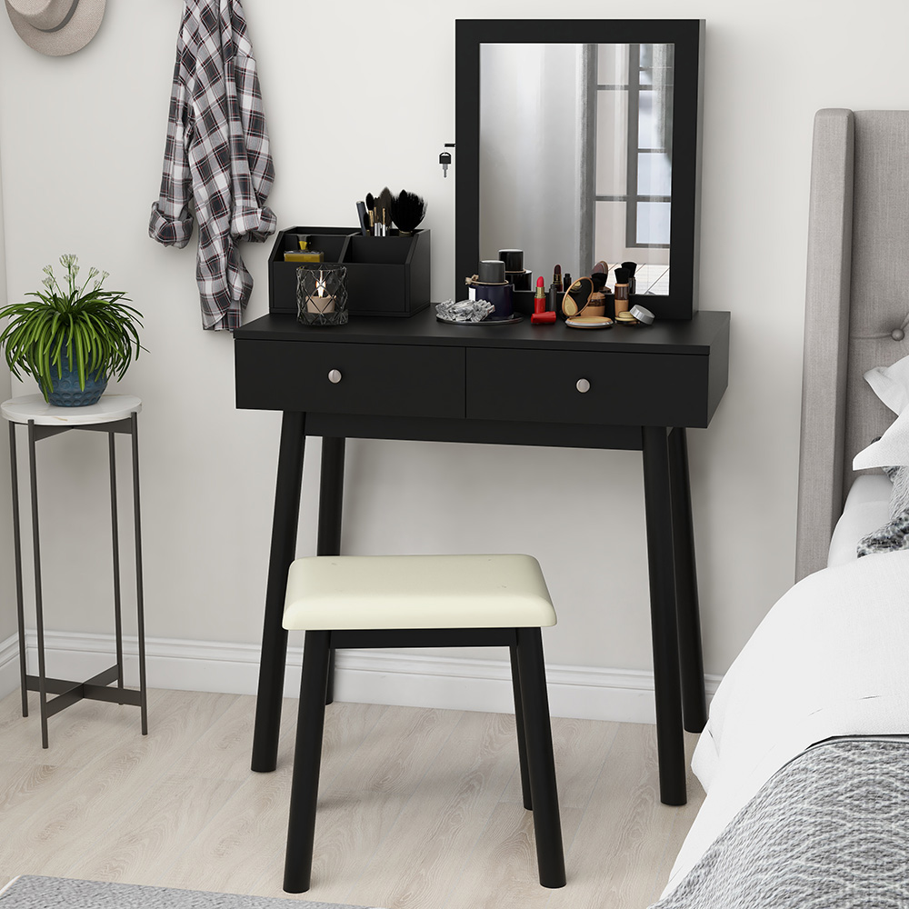 Multifunctional Dressing Table with Mirror, 2 Storage Drawers and Lockable Jewelry Cabinet - Black