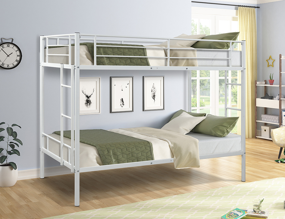 Twin-Over-Twin Size Bunk Bed Frame with Two-Side Ladders, and Metal Slats Support, No Spring Box Required (Frame Only) - White