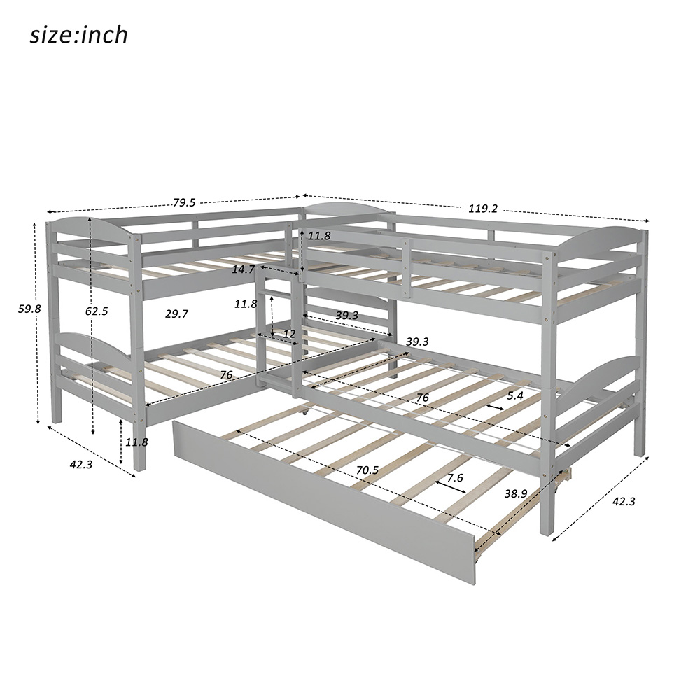 Twin-Over-Twin Size L-Shaped Bunk Bed Frame with Trundle Bed, Ladder, and Wooden Slats Support, No Spring Box Required (Frame Only) - Gray