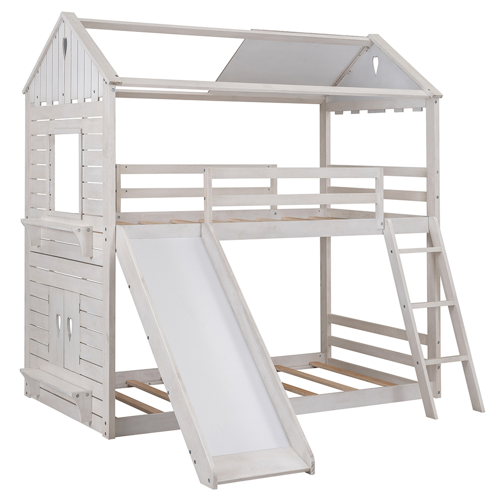 Twin-Over-Twin Size House-Shaped Bunk Bed Frame with Slide, Ladder, and Wooden Slats Support, No Spring Box Required (Frame Only) - White