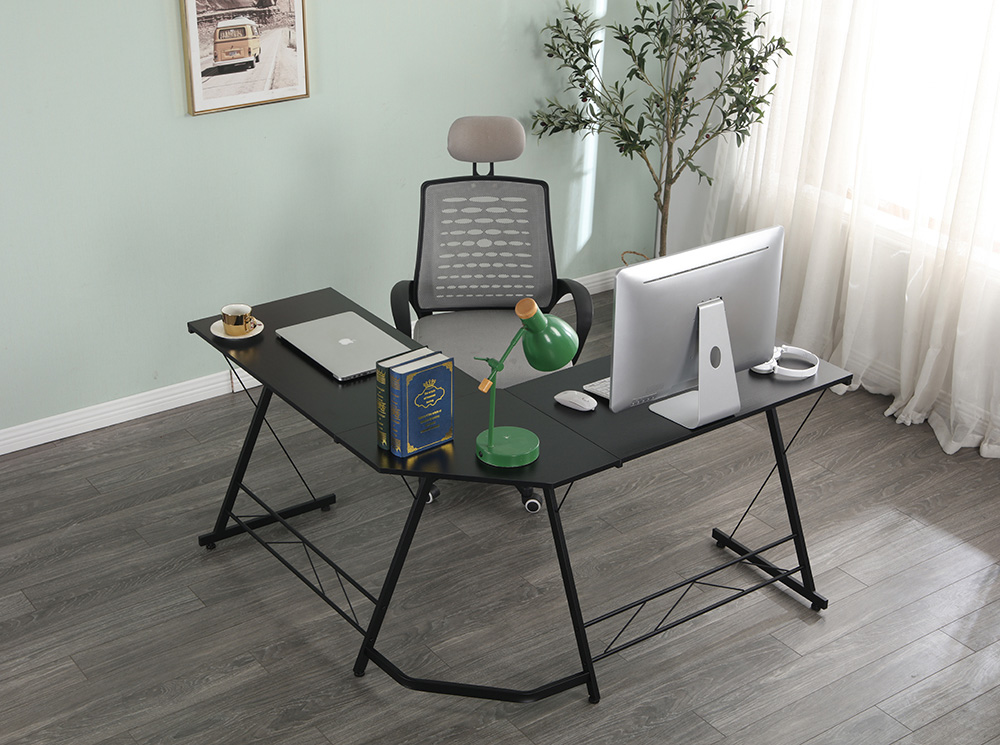 Home Office 51" L-Shaped Computer Desk with Wooden Tabletop and Metal Frame, for Game Room, Office, Study Room - Black