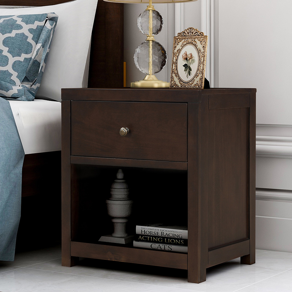 Wooden Nightstand with 1 Storage Drawer and Open Shelf, for Living room, Bedroom, Kitchen, Dining Room - Brown
