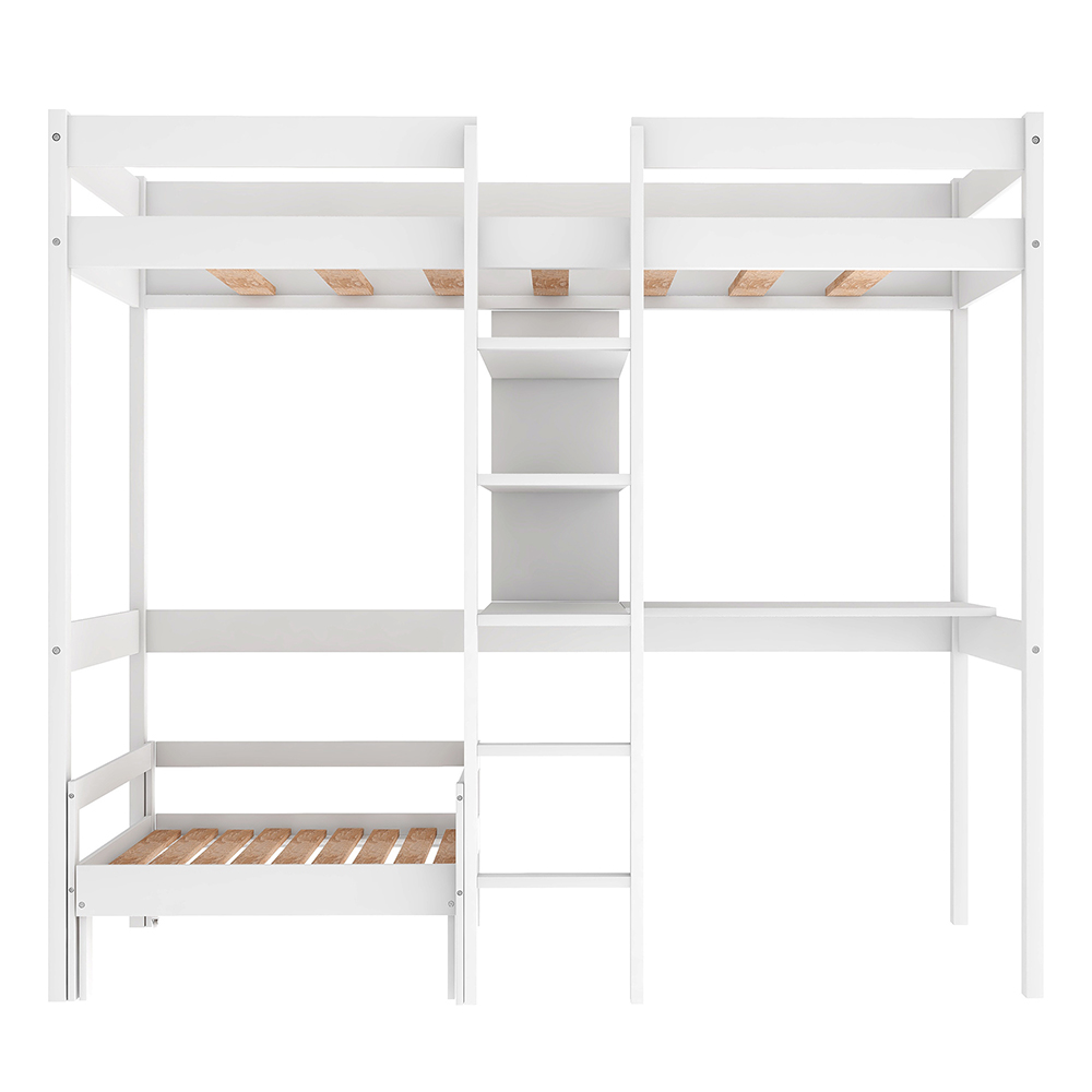 Twin-Over-Twin Size Bunk Bed Frame with Computer Desk, Ladder, and Wooden Slats Support, No Spring Box Required (Frame Only) - White