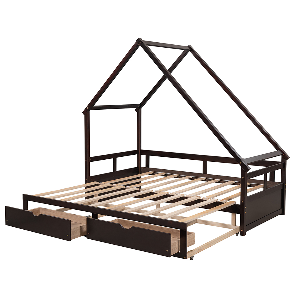 Twin Size Wooden Extending Daybed with 2 Storage Drawers, Space-saving Design, No Box Spring Needed - Espresso