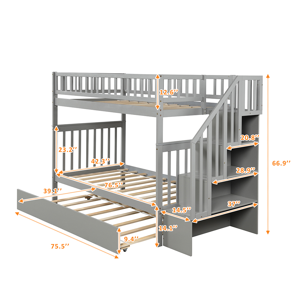 Twin-Over-Twin Size Bunk Bed Frame with Trundle Bed, Storage Shelves, and Wooden Slats Support, No Spring Box Required (Frame Only) - Gray