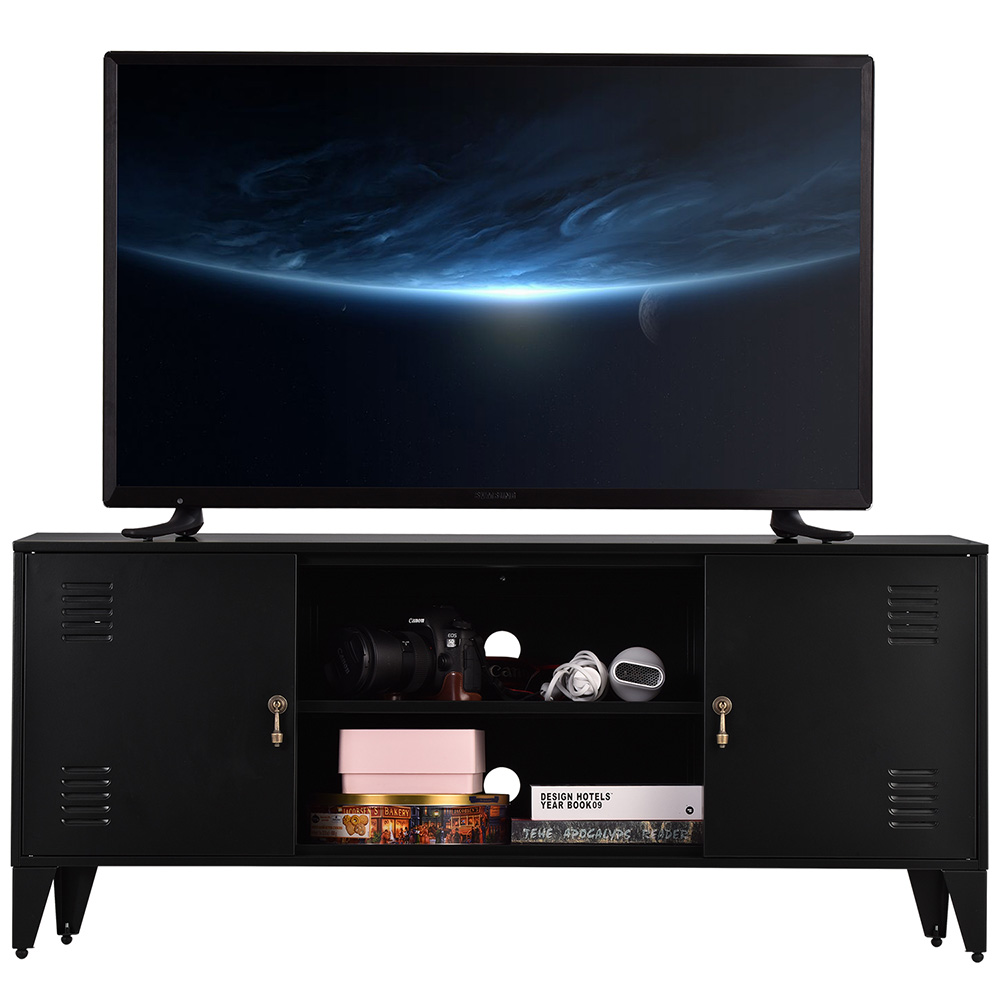 47" Metal TV Stand with 2 Storage Cabinets and Open Shelves, Suitable for Placing TVs Up to 55", for Living Room, Entertainment Center - Black