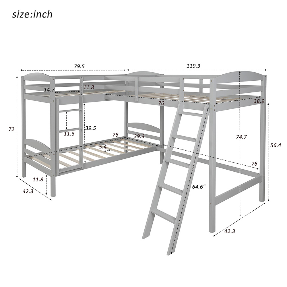 Twin-Over-Twin Size L-Shaped Bunk Bed Frame with Loft Bed, Ladder, and Wooden Slats Support, No Spring Box Required (Frame Only) - Gray