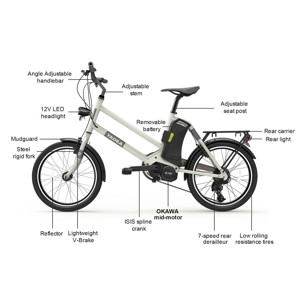 YADEA YT300 20 inch Touring Electric City Bike 350W OKAWA Mid Drive Motor SHIMANO 7-Speed Rear Derailleur 36V 7.8Ah Removable Battery 25km/h Max speed up to 60km Max Range LED Headlight - White