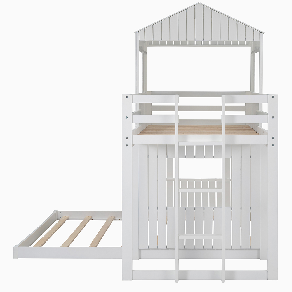 Twin-Over-Full Size Bunk Bed Frame with Roof, and Wooden Slats Support, No Spring Box Required (Frame Only) - White