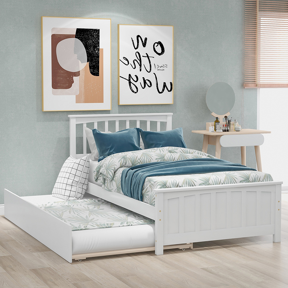 Twin Size Bed Frame With Trundle Matress Platform with Wood Slats and headboard 