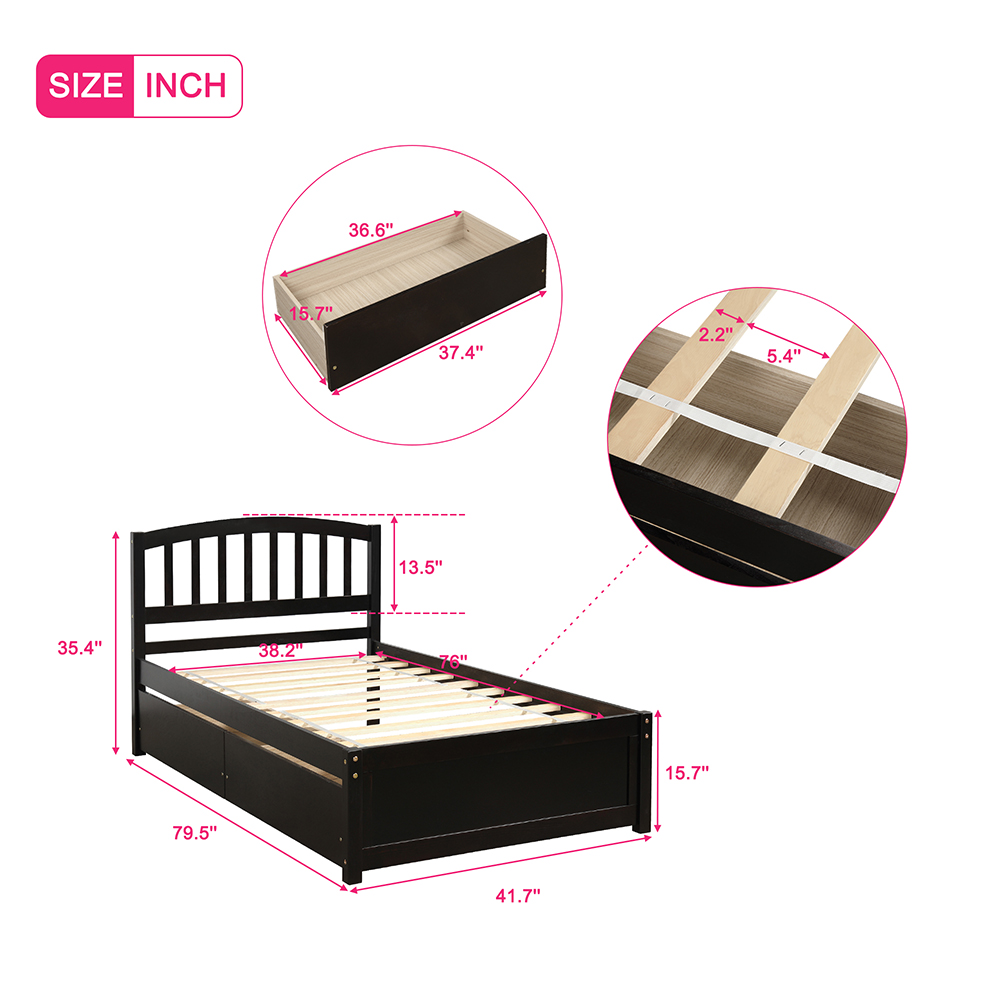 Twin-Size Platform Bed Frame with 2 Storage Drawers, Headboard and Wooden Slats Support, No Box Spring Needed (Only Frame) - Espresso