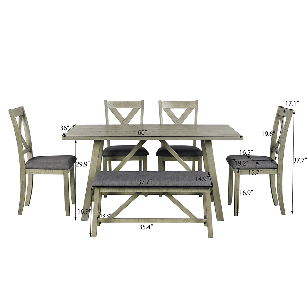 TOPMAX 6 Piece Rustic Style Wooden Dining Set, Including 1 Table, 1 Bench, and 4 Chairs - Gray