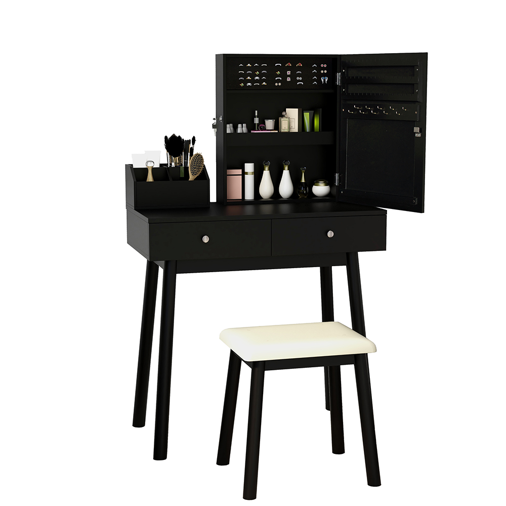 Multifunctional Dressing Table with Mirror, 2 Storage Drawers and Lockable Jewelry Cabinet - Black