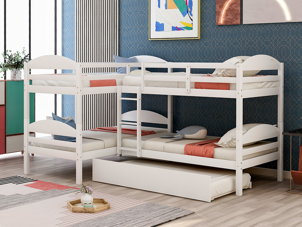 Twin-Over-Twin Size L-Shaped Bunk Bed Frame with Trundle Bed, Ladder, and Wooden Slats Support, No Spring Box Required (Frame Only) - White
