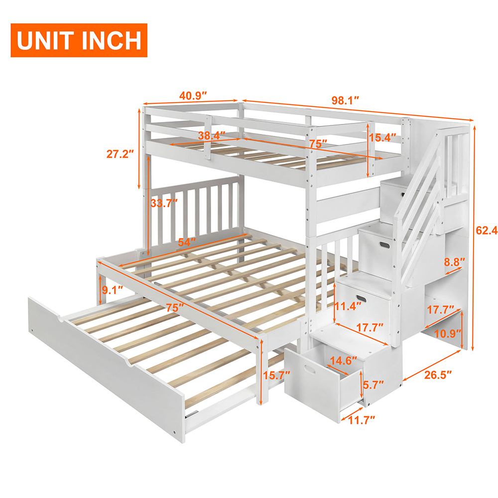 Full-Over-Twin/Full Size Bunk Bed Frame with Trundle Bed, Storage Stairs, and Wooden Slats Support, No Spring Box Required (Frame Only) - White
