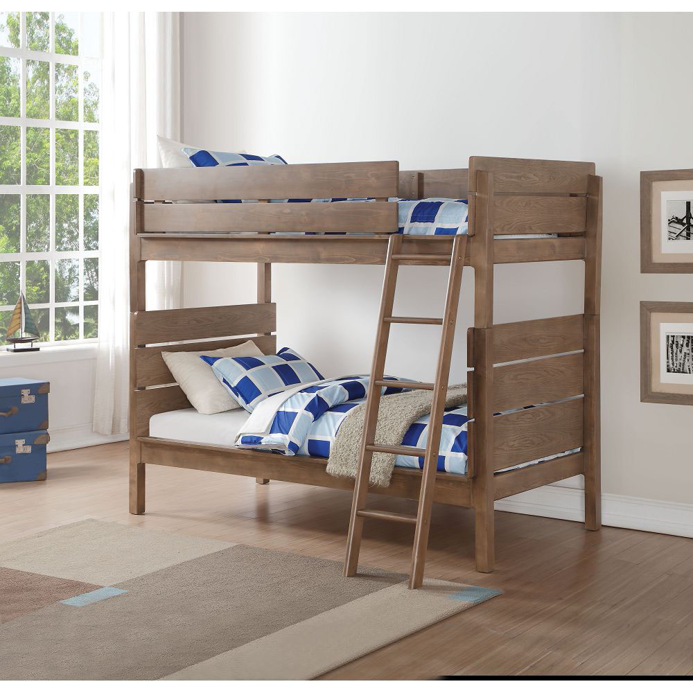 ACME Ranta Twin-Over-Twin Size Bunk Bed Frame with Ladder, and Wooden Slats Support, No Spring Box Required (Frame Only) - Oak
