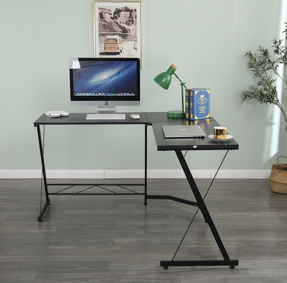 Home Office 51" L-Shaped Computer Desk with Wooden Tabletop and Metal Frame, for Game Room, Office, Study Room - Black