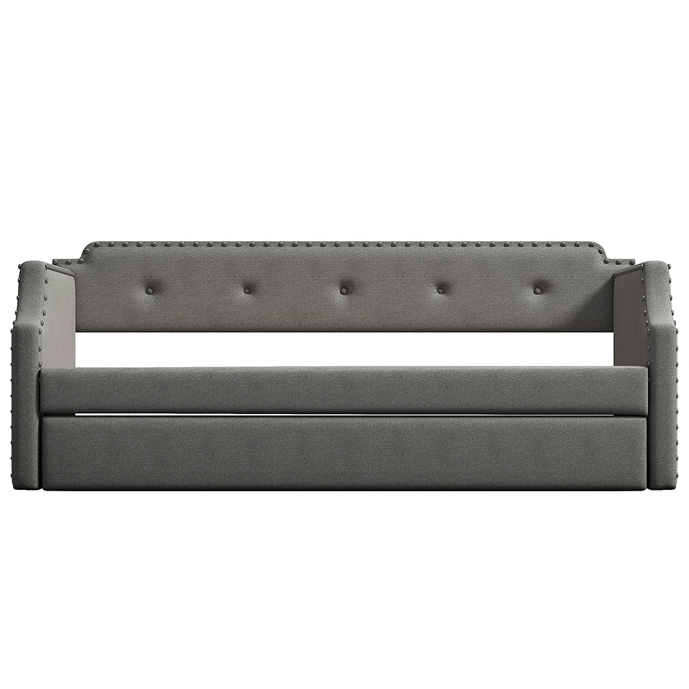 Twin Size Linen Upholstered Daybed with Trundle Bed, and Wooden Slats Support, Space-saving Design, No Box Spring Needed - Gray