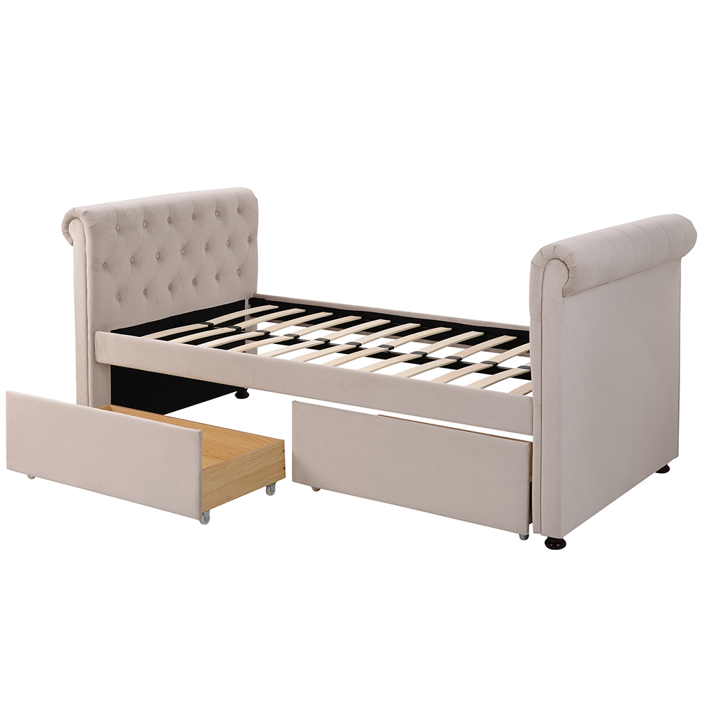 Twin Size Upholstered Daybed Frame with 2 Storage Drawers and Wooden Slats Support, No Need for Spring Box, for Living Room, Bedroom, Office, Apartment - Beige