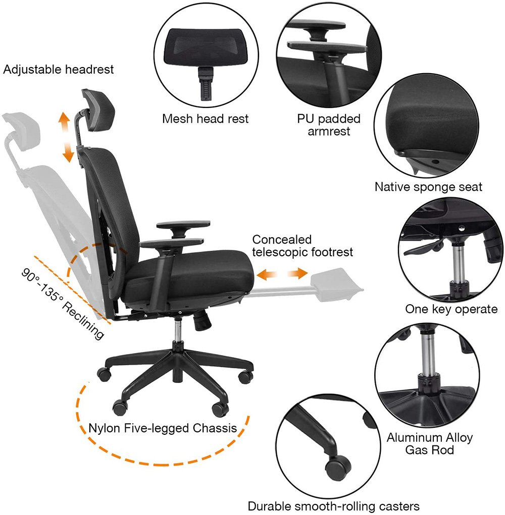 Home Office Rotatable Mesh Office Chair Height Adjustable with Ergonomic High Backrest and Casters - Black