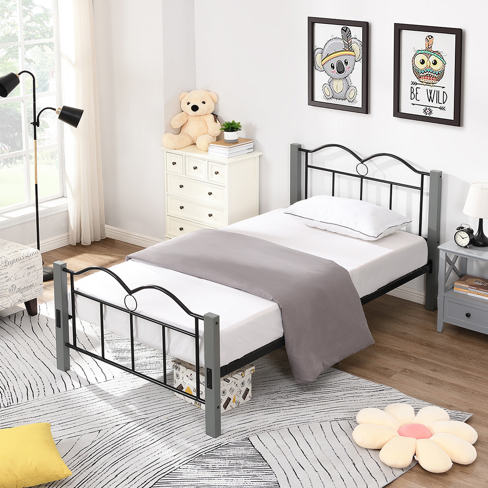 Twin-Size Metal Platform Bed Frame with Wooden Feet, and Steel Slats Support, No Box Spring Needed (Only Frame) - Gray