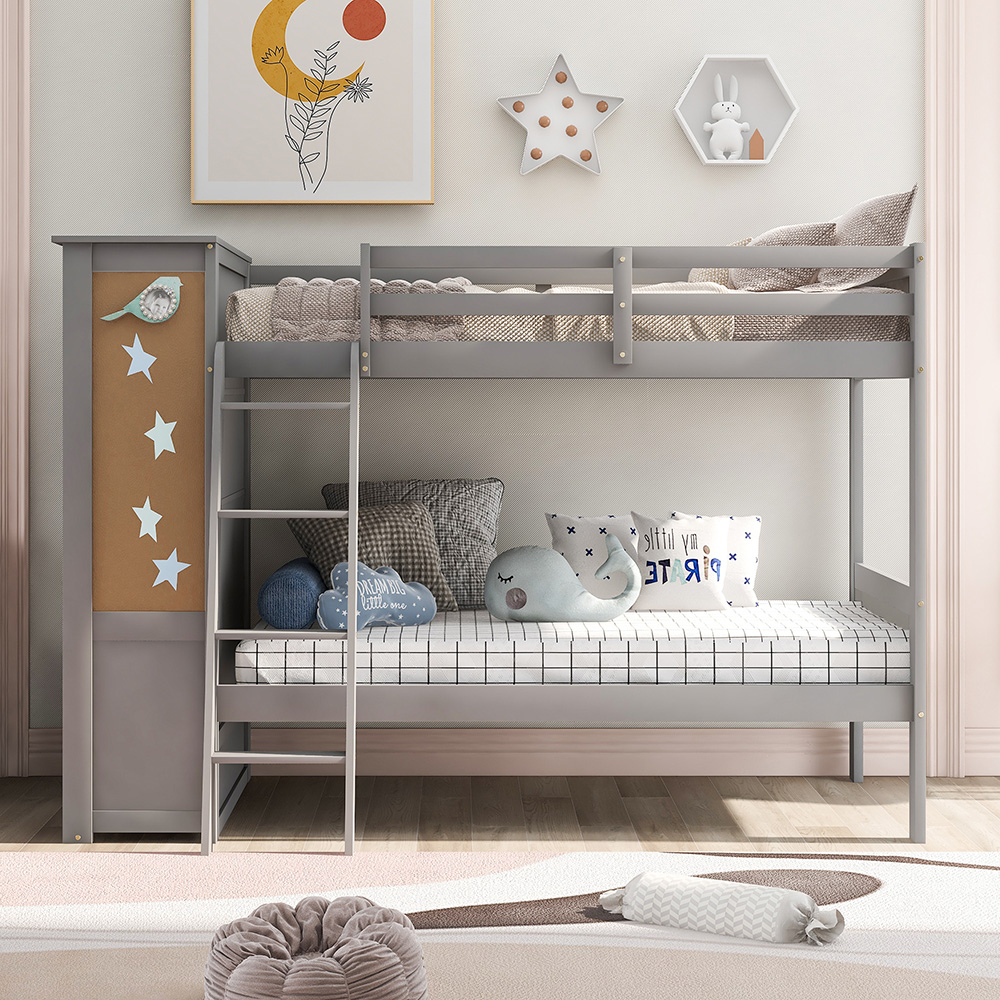Twin-Over-Twin Size Bunk Bed Frame with Bookcase, Storage Drawers, and Wooden Slats Support, No Spring Box Required (Frame Only) - Gray