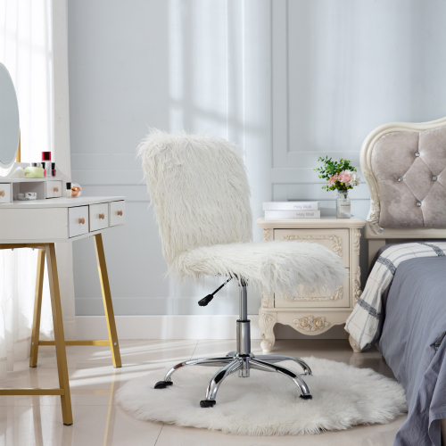 HengMing Faux Fur Swivel Chair Height Adjustable with Backrest and Casters for Living Room, Bedroom, Dining Room, Office - White