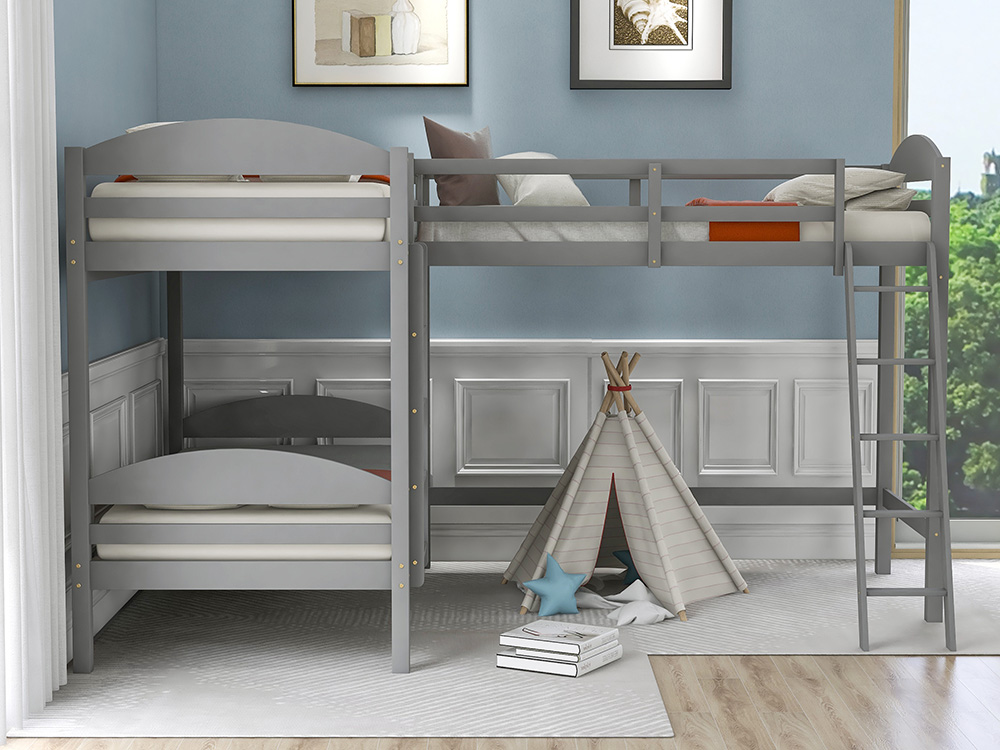 Twin-Over-Twin Size L-Shaped Bunk Bed Frame with Loft Bed, Ladder, and Wooden Slats Support, No Spring Box Required (Frame Only) - Gray