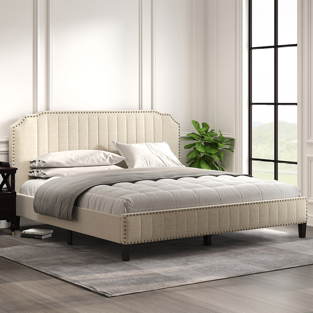 King-Size Linen Upholstered Platform Bed Frame with Headboard and Wooden Slats Support, No Box Spring Needed (Only Frame) - Beige