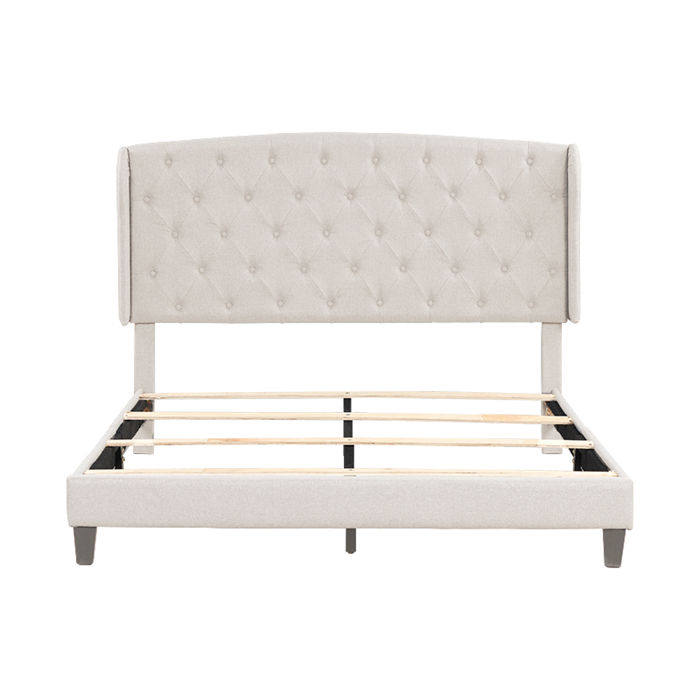 Queen-Size Upholstered Platform Bed Frame with Headboard and Wooden Slats Support, No Box Spring Needed (Only Frame) - Beige