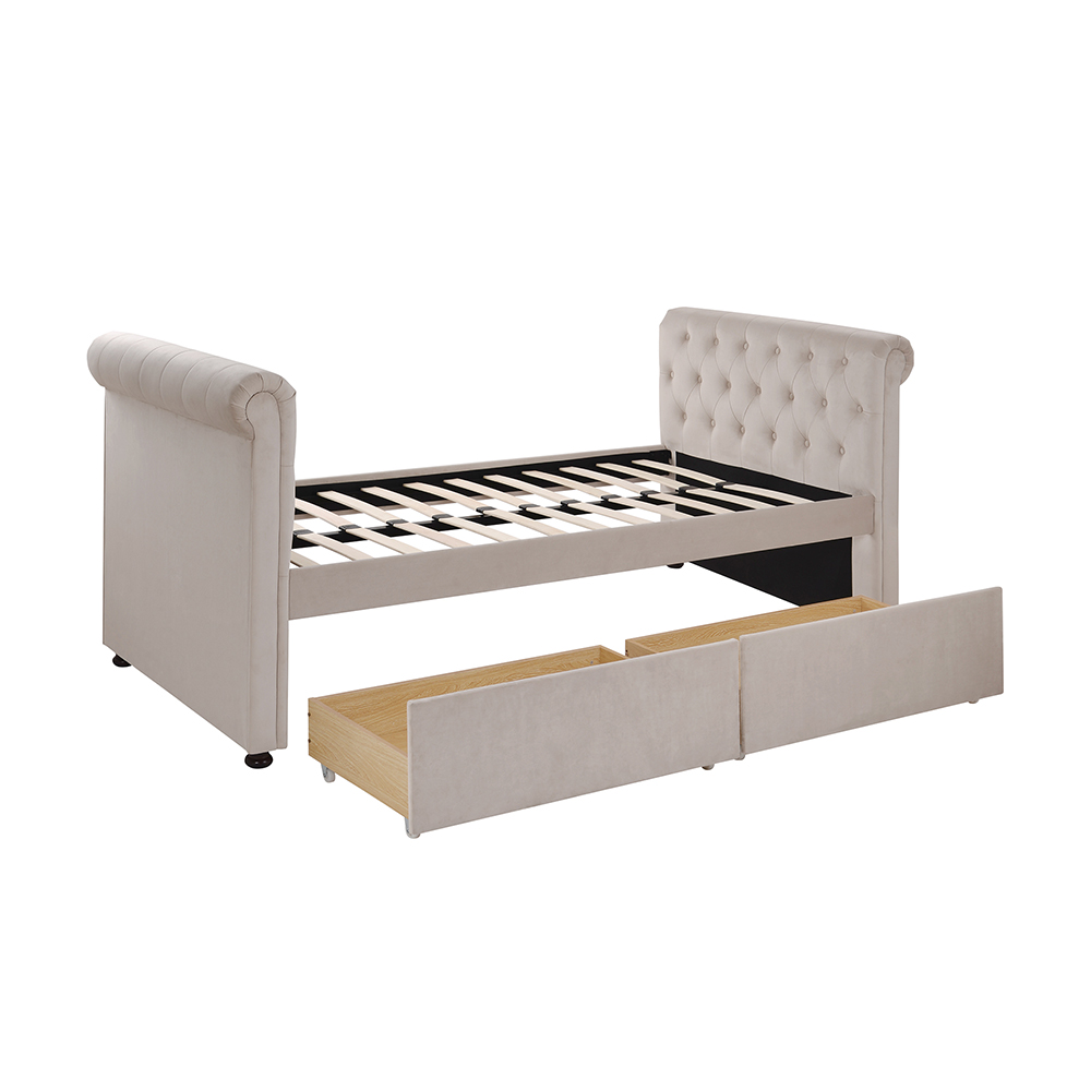 Twin Size Upholstered Daybed Frame with 2 Storage Drawers and Wooden Slats Support, No Need for Spring Box, for Living Room, Bedroom, Office, Apartment - Beige