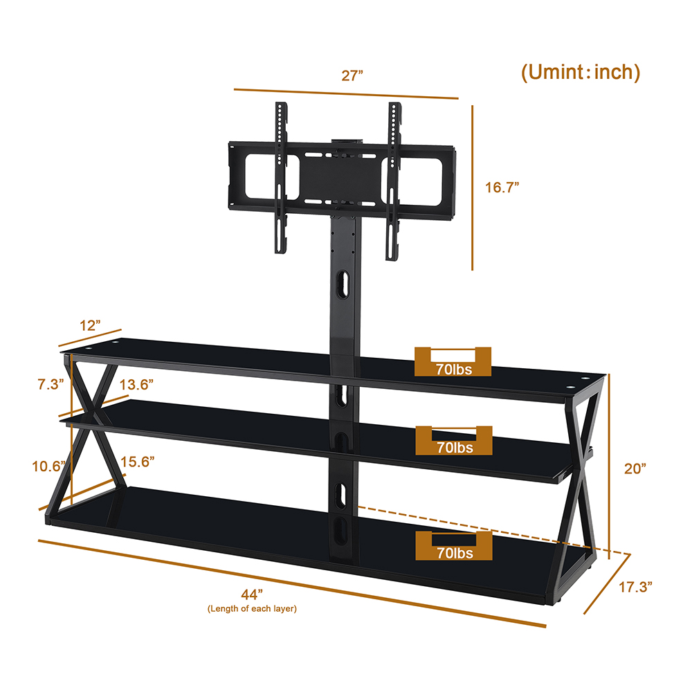 44" Tempered Glass Swivel TV Stand, Height Adjustable Universal Media Storage Stand, for Living Room, Entertainment Center - Black