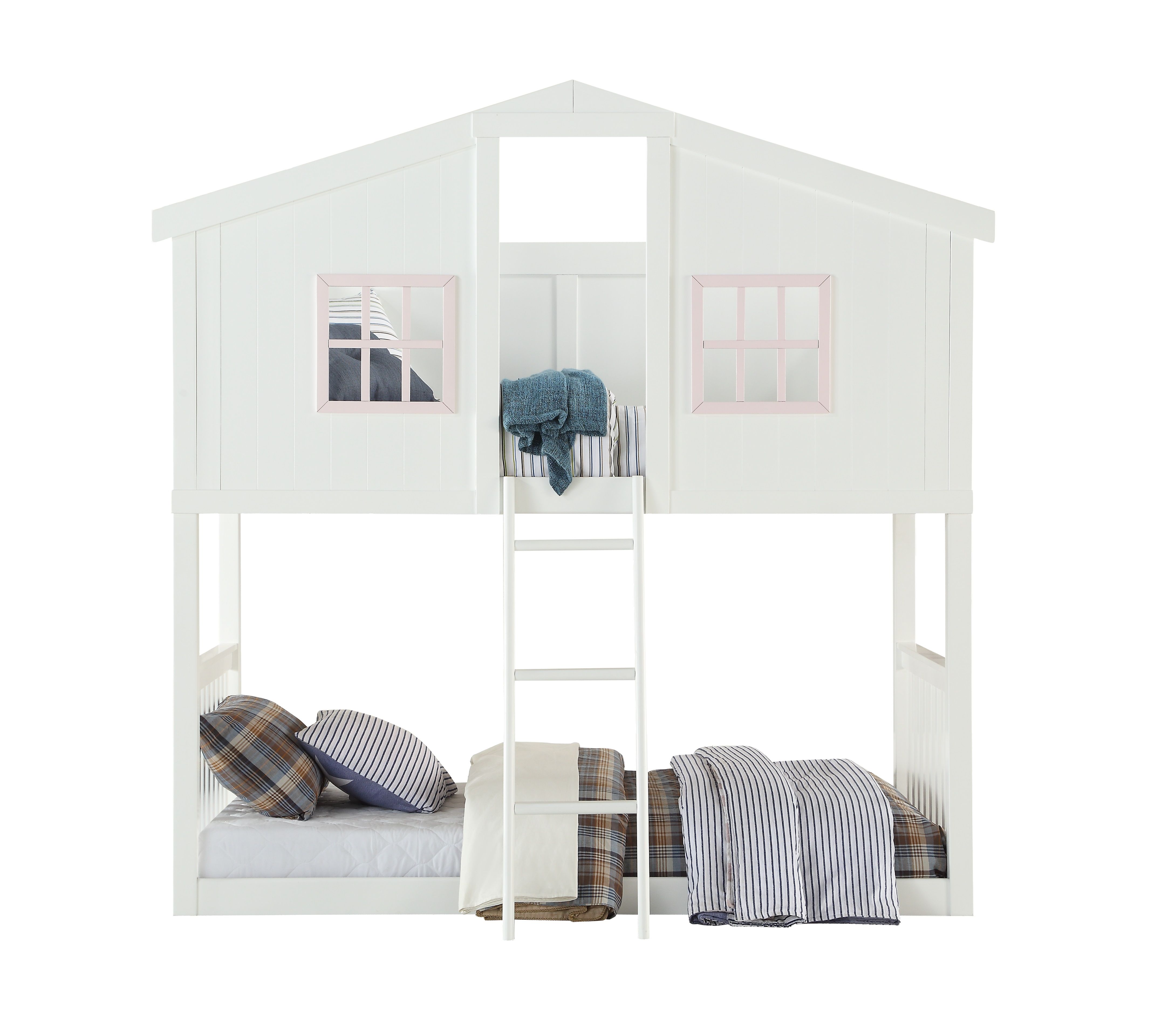 ACME Rohan Twin-Over-Twin Size House-Shaped Bunk Bed Frame with Ladder, and Wooden Slats Support, No Spring Box Required (Frame Only) - White