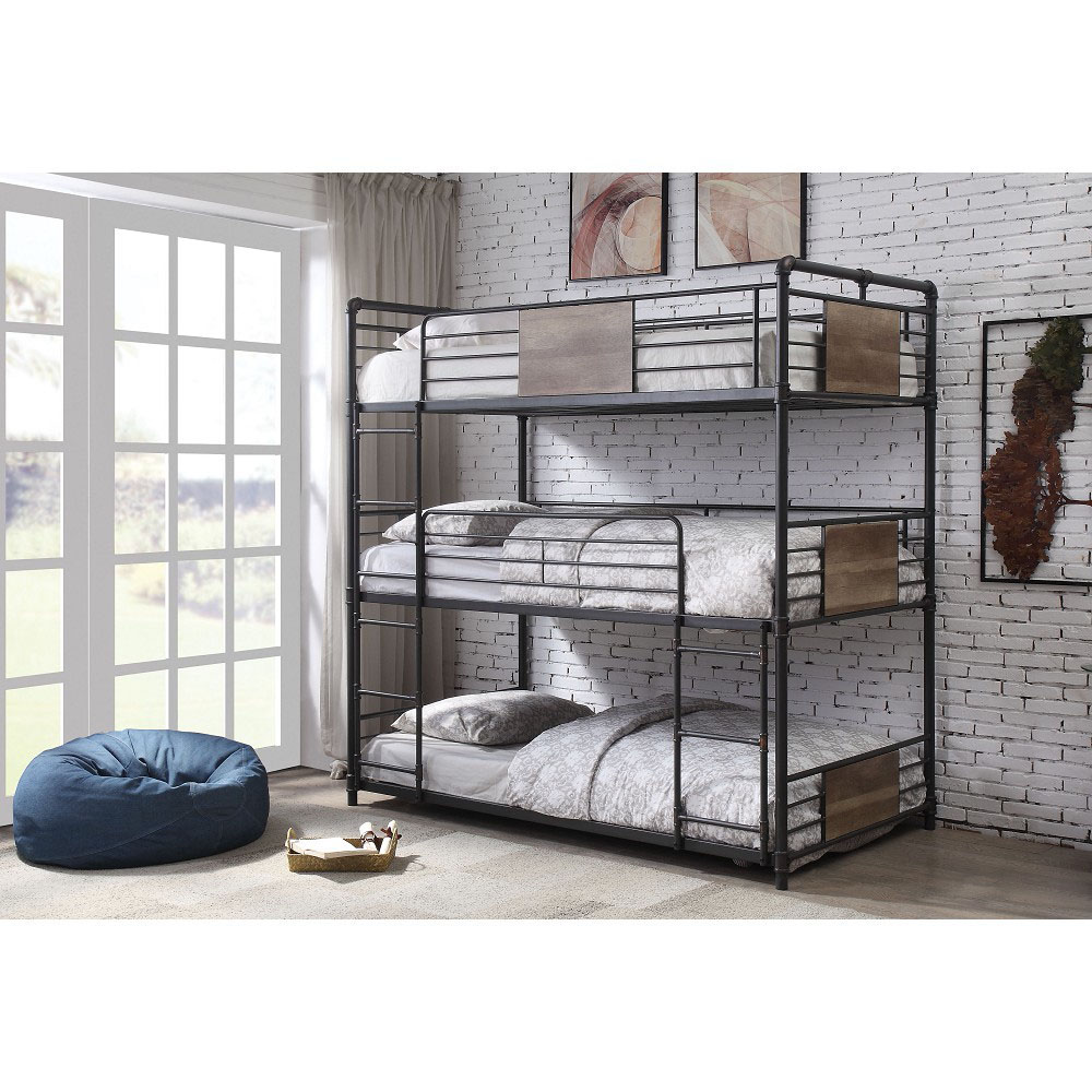 ACME Brantley Twin-Size Triple Bed Frame with Ladder, and Metal Slats Support, No Spring Box Required (Frame Only) - Gunmetal