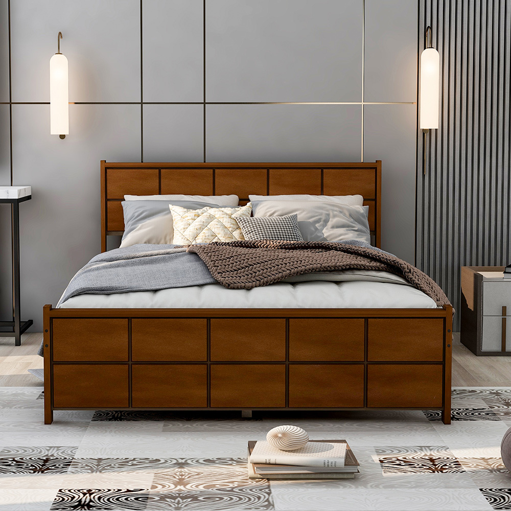 Queen-Size Platform Bed Frame with Rectangular Line Shape Headboard and Wooden Slats Support, No Box Spring Needed (Only Frame) - Walnut