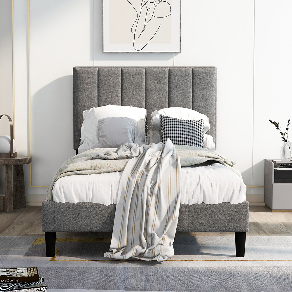 Twin-Size Upholstered Platform Bed Frame with Headboard and Wooden Slats Support, Box Spring Needed (Only Frame) - Gray