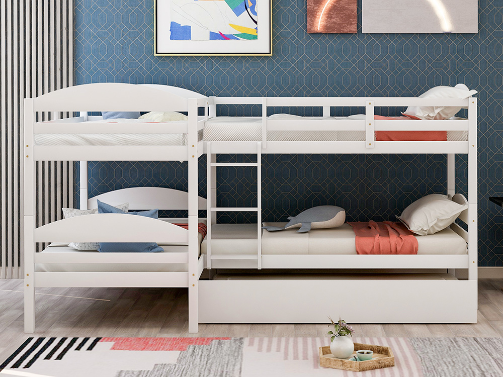 Twin-Over-Twin Size L-Shaped Bunk Bed Frame with Trundle Bed, Ladder, and Wooden Slats Support, No Spring Box Required (Frame Only) - White