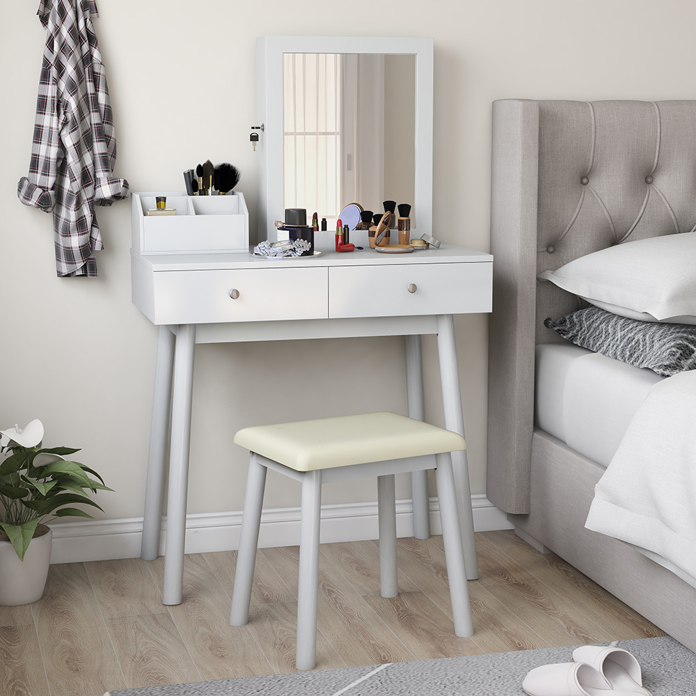 Multifunctional Dressing Table with Mirror, 2 Storage Drawers and Lockable Jewelry Cabinet - White
