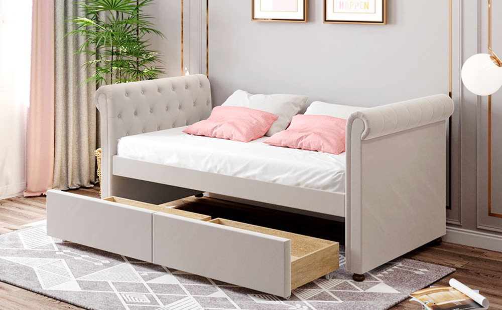Twin Size Upholstered Daybed Frame with 2 Storage Drawers and Wooden Slats Support, No Need for Spring Box, for Living Room, Bedroom, Office, Apartment - Beige