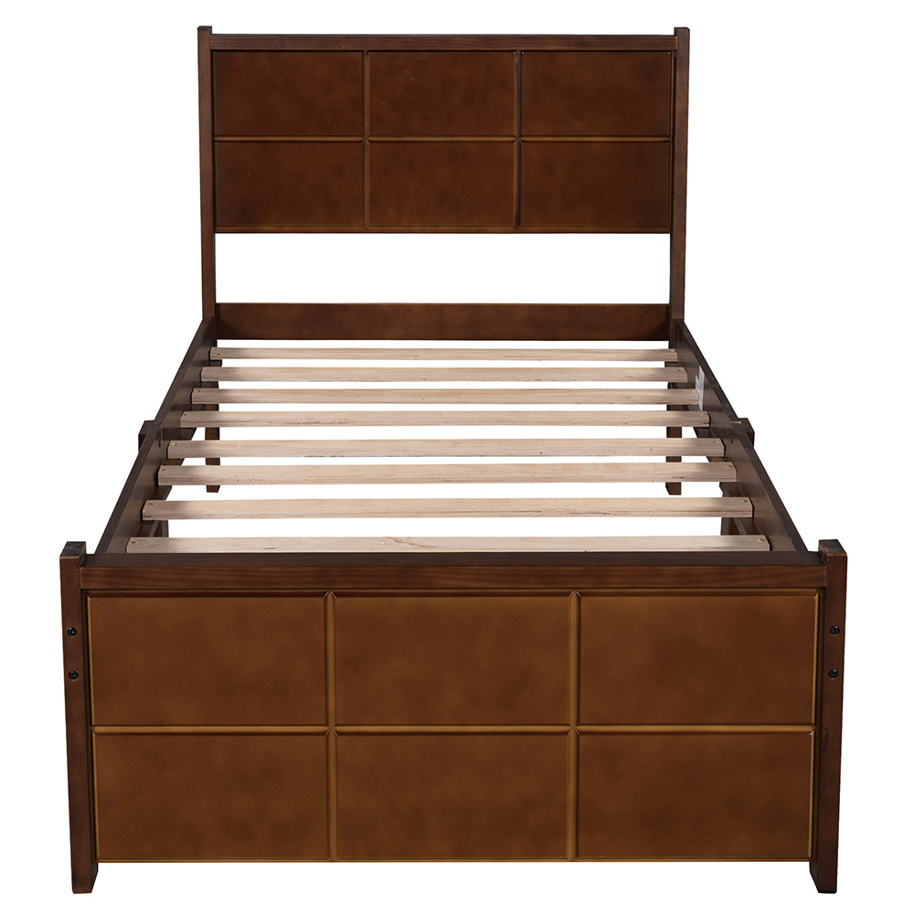 TwinSize Platform Bed Frame with Line Shape Headboard Walnut