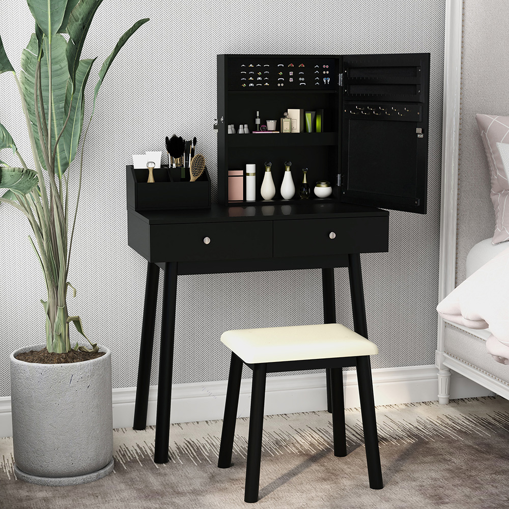 Multifunctional Dressing Table with Mirror, 2 Storage Drawers and Lockable Jewelry Cabinet - Black