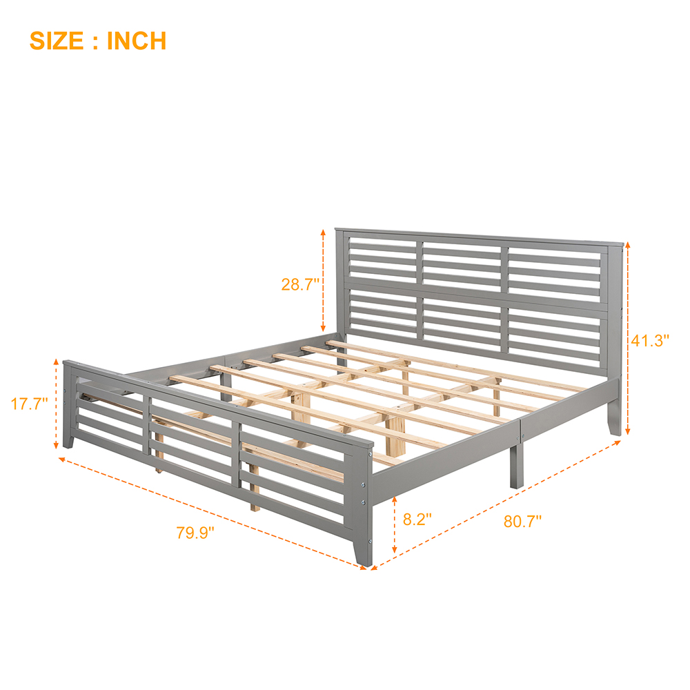 King-Size Wooden Platform Bed Frame with Hollow Shape Horizontal Strip and Wooden Slats Support - Gray