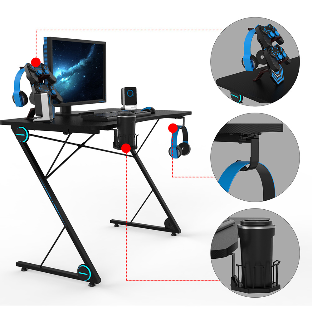 Home Office 43" Computer Desk with LED Lights, Large Carbon Fiber Surface and Z-Shaped Legs, for Game Room, Office, Study Room - Black