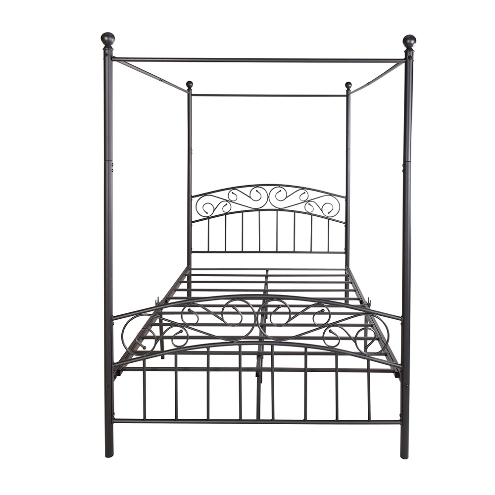 Full-Size Canopy Metal Platform Bed Frame with 4 Pillars, Headboard and Metal Slats Support, No Box Spring Needed (Only Frame) - Black