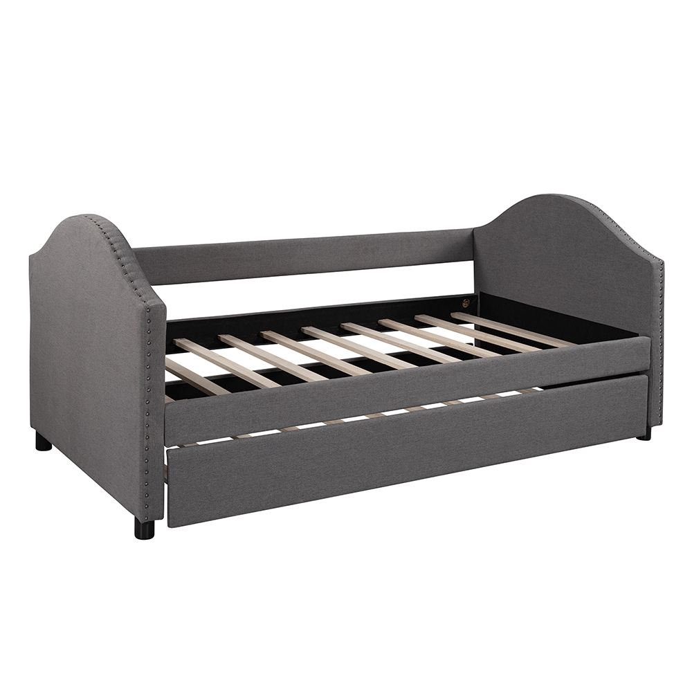 Twin Size Fabric Upholstered Daybed with Trundle Bed, and Wooden Slats Support, Space-saving Design, No Box Spring Needed - Gray