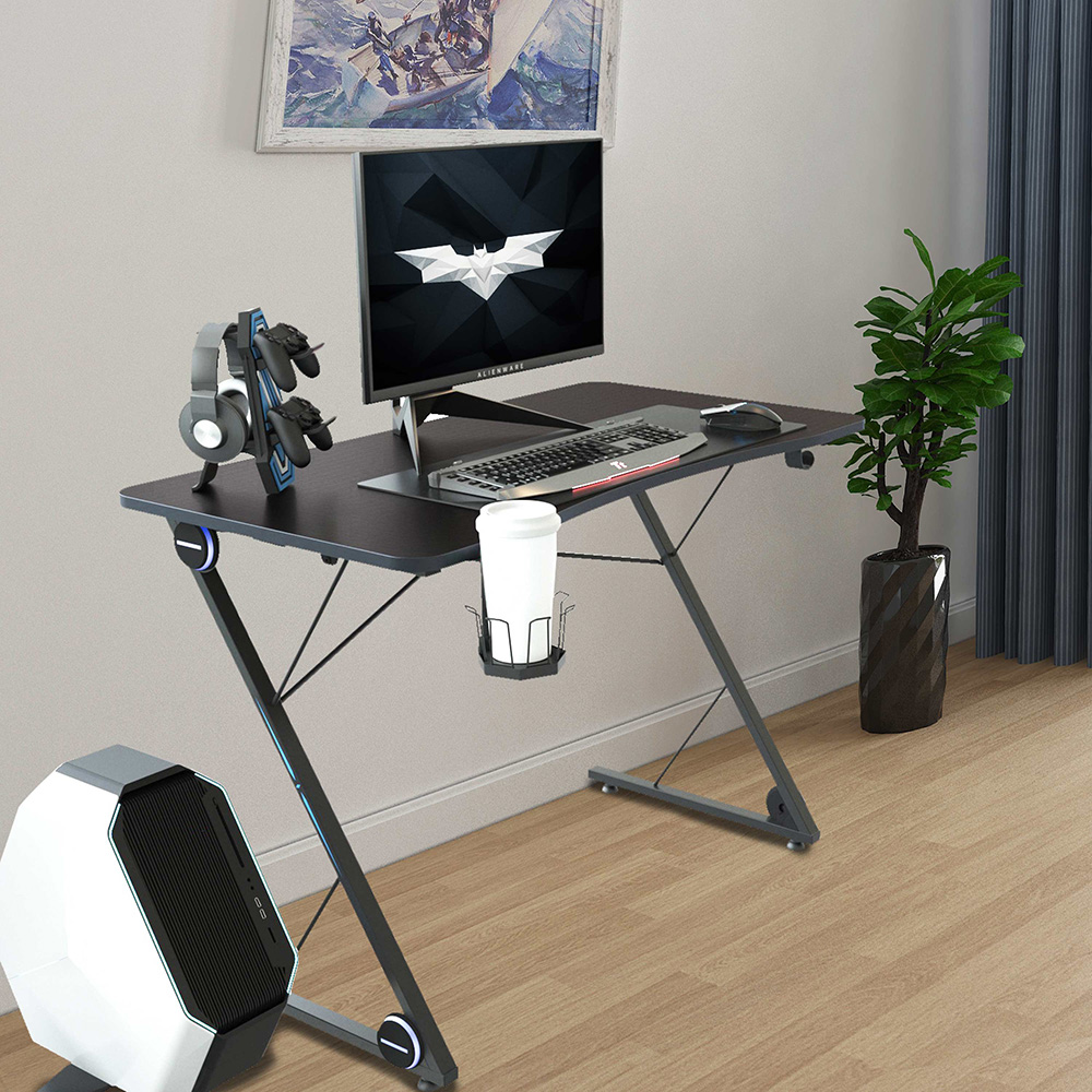 Home Office 43" Computer Desk with LED Lights, Large Carbon Fiber Surface and Z-Shaped Legs, for Game Room, Office, Study Room - Black