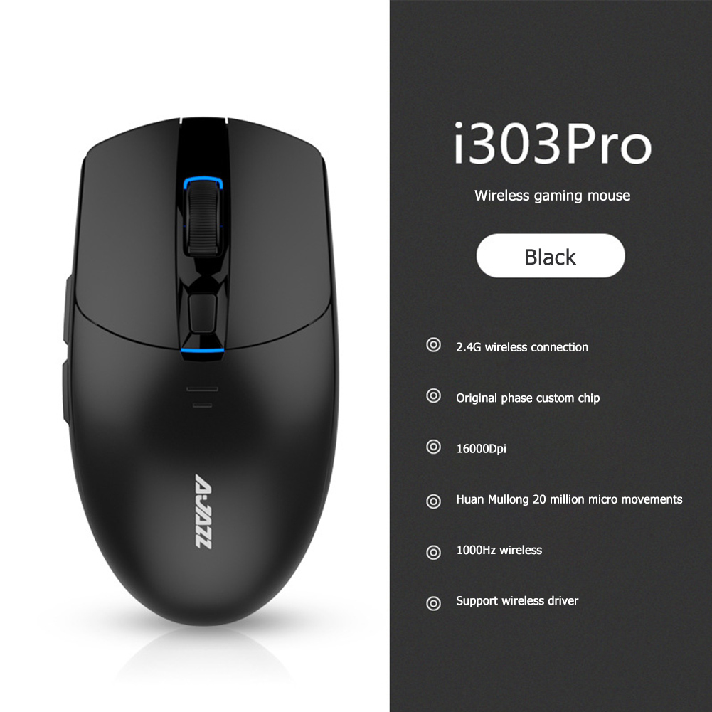 Ajazz i303 Pro Wireless Mouse Gaming PixArt PMW3338 Chip Driver 6 Colors LED Light Adjusting 16000DPI - Black