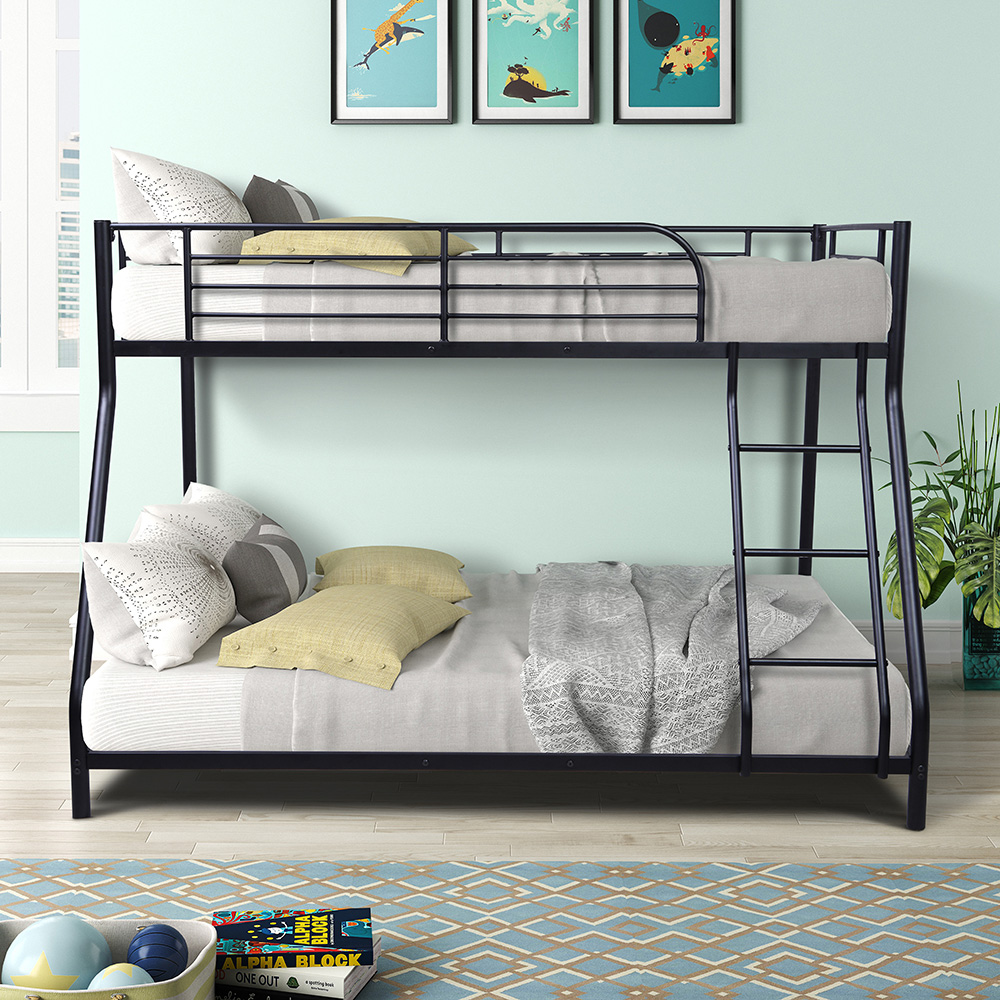 Twin-Over-Full Size Bunk Bed Frame with Ladder, and Metal Slats Support, No Spring Box Required (Frame Only) - Black